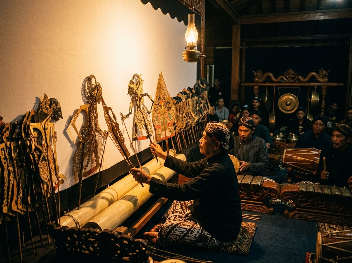 Pertunjukan wayang kulit oleh dalang
